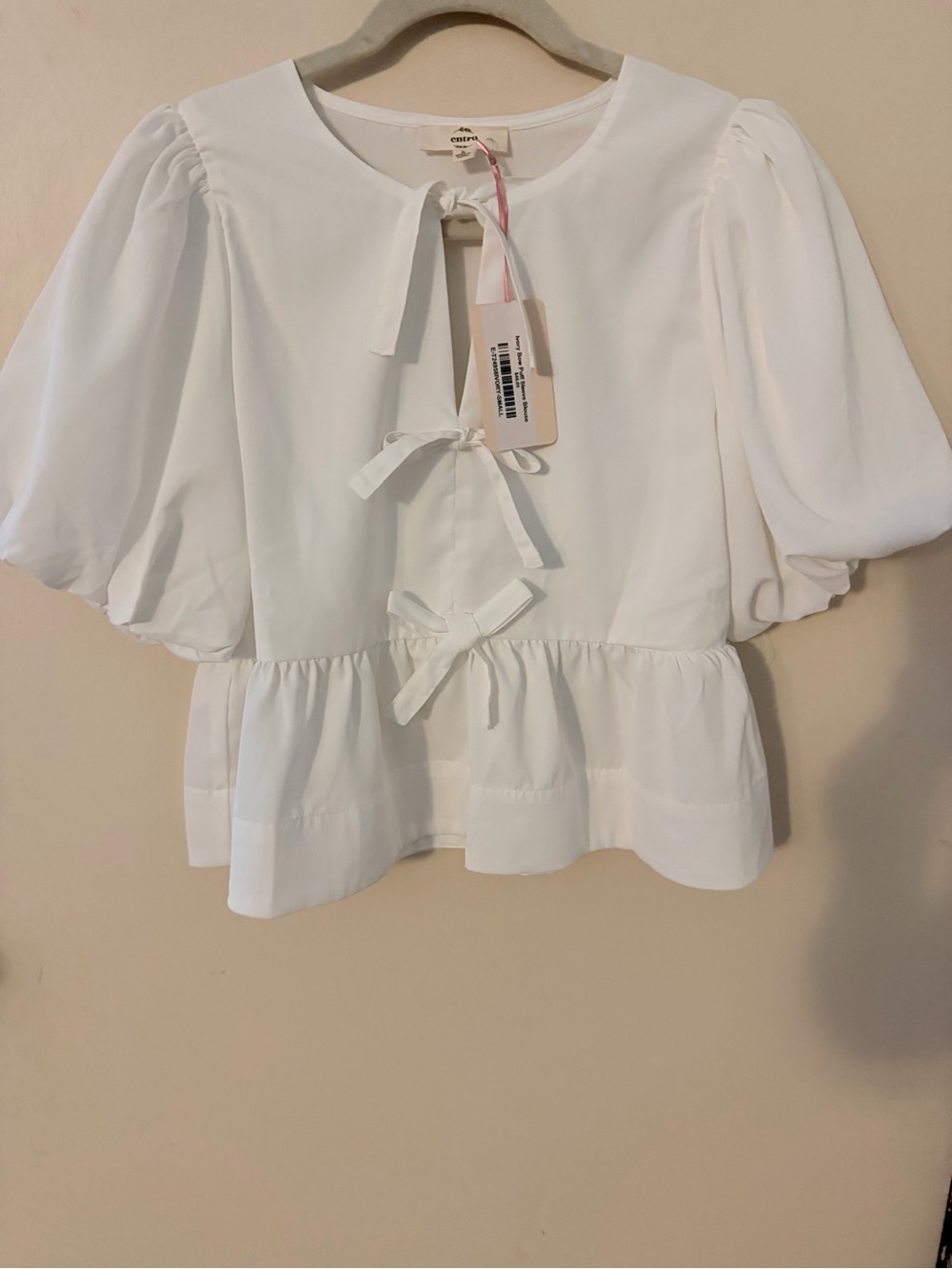 entro White Tie-Front Peplum Blouse with Puff Sleeves